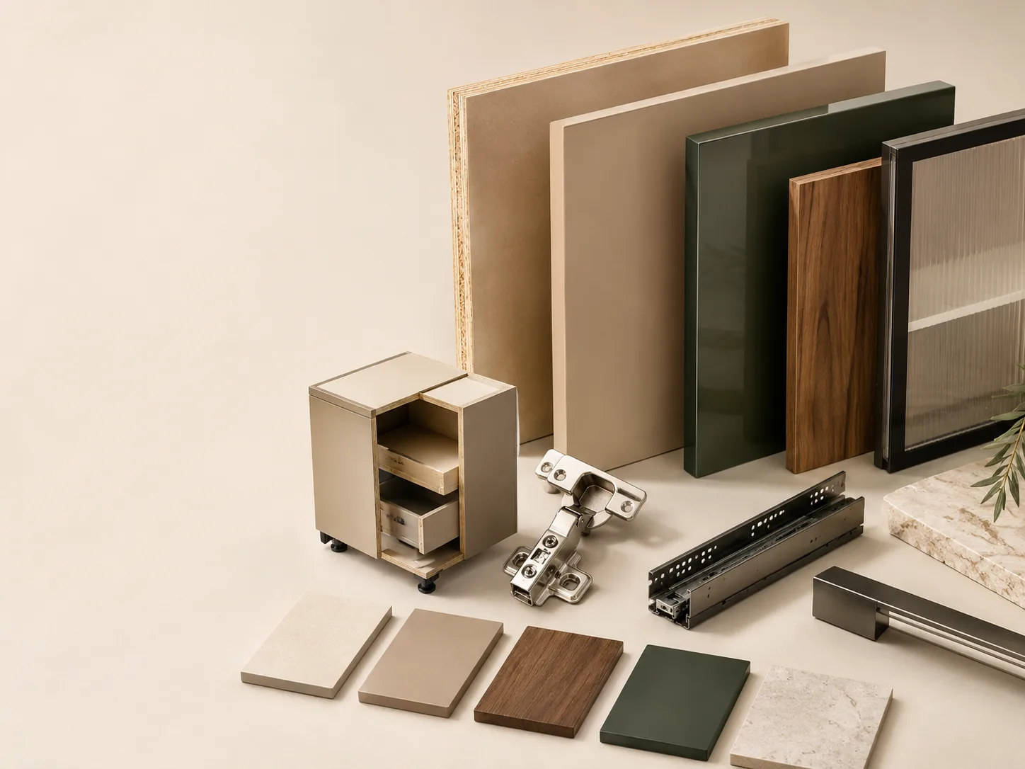 A composed board of kitchen materials: a plywood carcass section, laminate and dark glass shutter samples, a walnut veneer panel, a fitted drawer unit with hinge, handle profile and drawer runner, and individual finish swatches