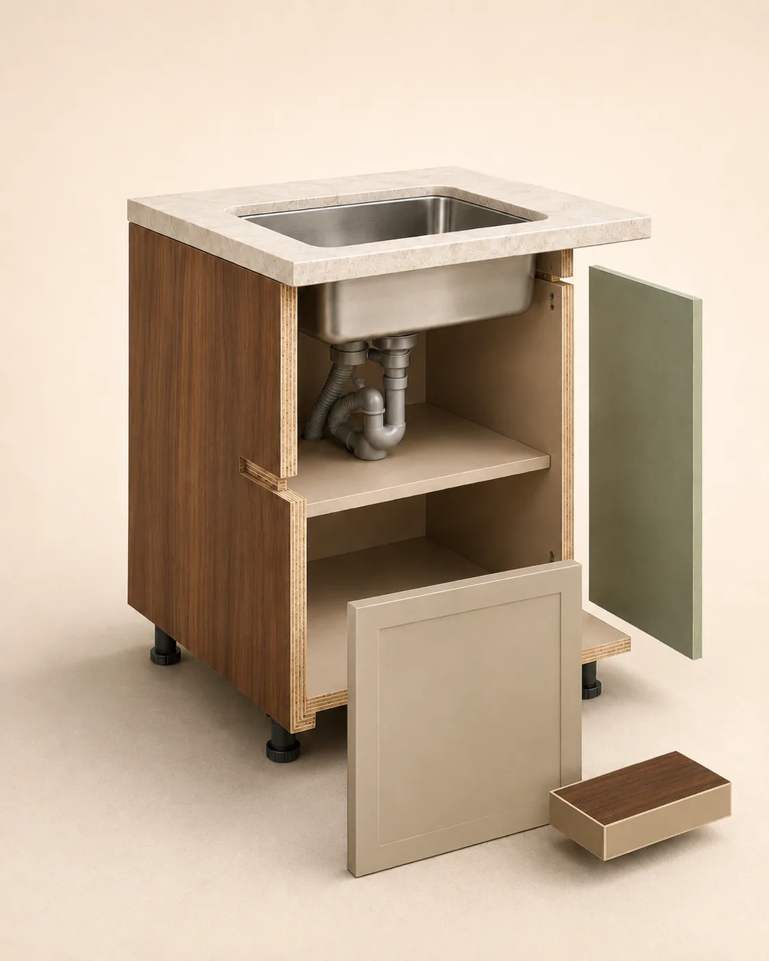Exploded view of a kitchen base cabinet carcass: plywood side panel, an internal MDF shelf, a boiling-water-resistant board leaning beside it, and a walnut-edge-banded board section in front