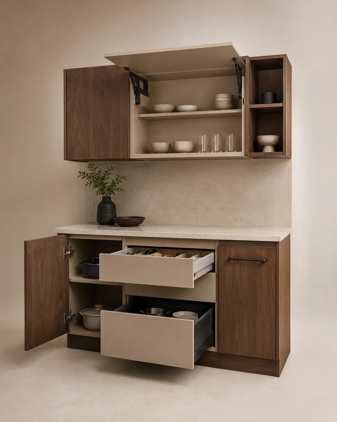 Wall and base kitchen cabinet shown mid-use: a lift-up door held open at the top, a hinge on the open base door, a cutlery-tray drawer and a deeper box drawer pulled open, and a bar handle on the right-hand door