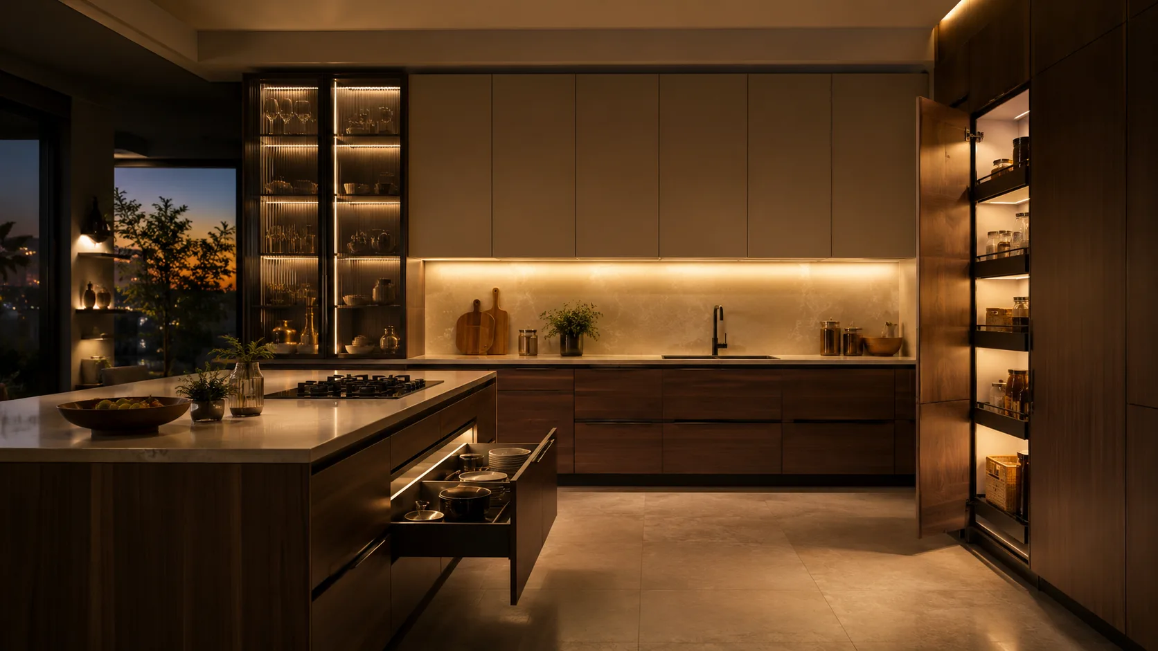 Dusk kitchen lit entirely by fitted lighting: a glass display cabinet lit from inside, a warm strip glowing under the wall cabinets along the backsplash, and an island drawer glowing as it opens