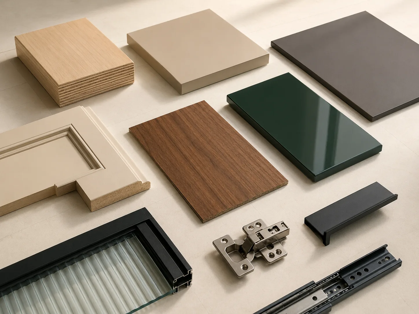 Kitchen material samples laid out together: plywood, laminate, an acrylic panel and a dark laminate board, walnut veneer, an aluminium-and-glass profile, a concealed hinge, a handle profile and a drawer runner
