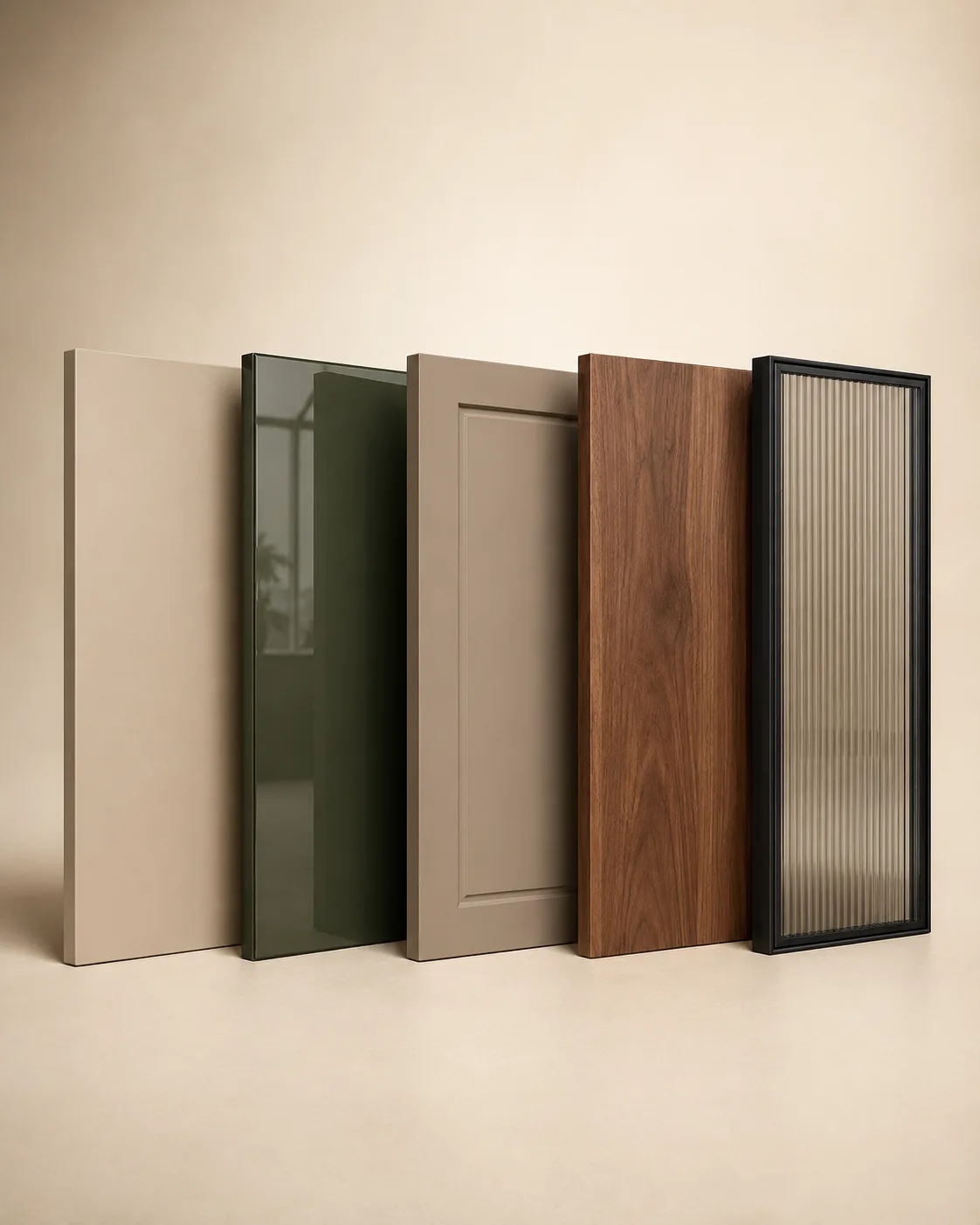 Five kitchen shutter samples stood upright side by side: flat laminate, gloss dark-green acrylic, a profiled membrane-wrapped door, walnut veneer, and a black aluminium profile framing reeded glass