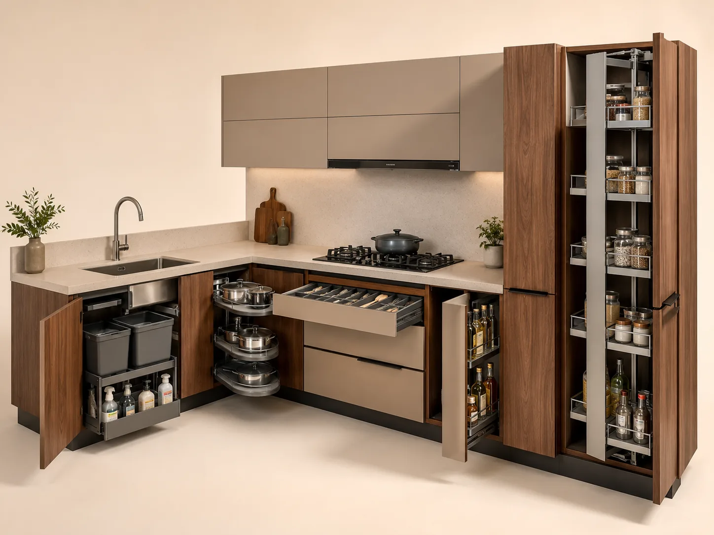 Open corner base cabinet showing five storage systems at once: a pull-out waste bin, a corner carousel with stacked pots, a cutlery tray drawer, a narrow bottle pull-out, and a tall pantry pull-out stocked with jars