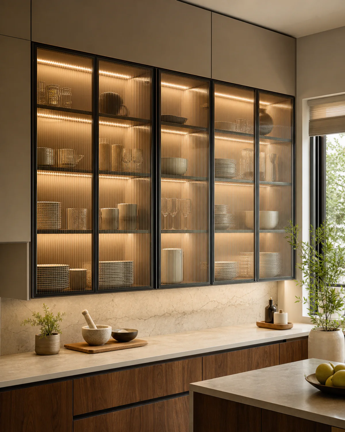 Wall-mounted kitchen display cabinets with dark aluminium profile fluted glass shutters, warm lighting and crockery inside