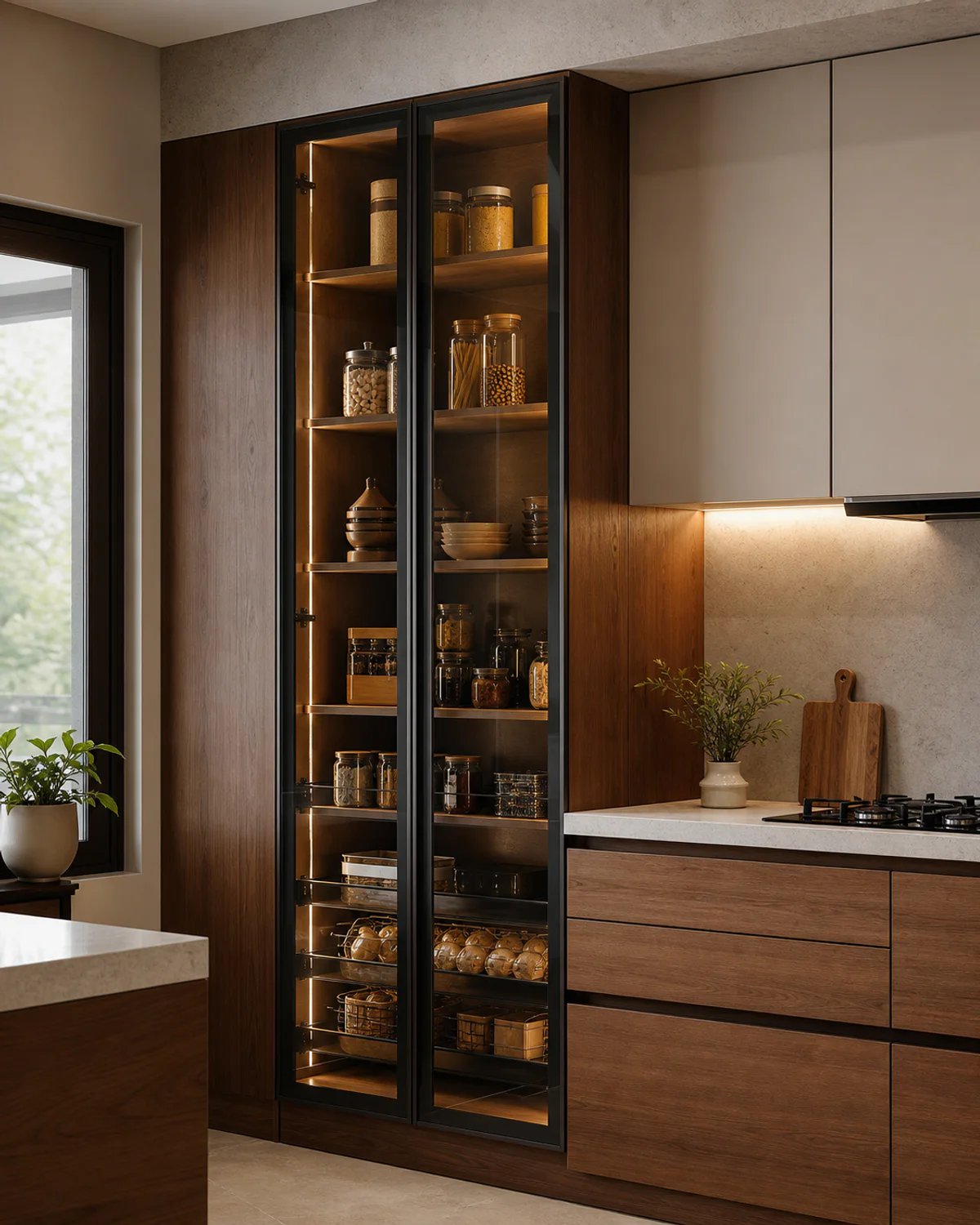 Full-height kitchen pantry unit with dark aluminium profile glass shutters, warm internal lighting and adjoining walnut cabinetry