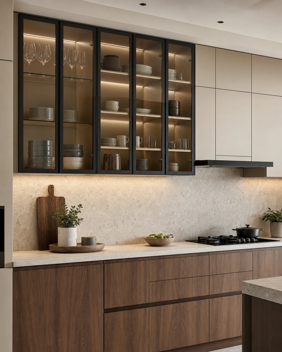 Kitchen wall cabinets with slim dark aluminium profile glass shutters above a light stone counter and walnut lower cabinets