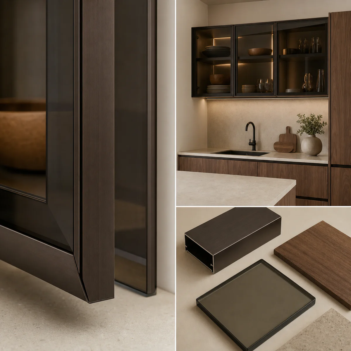 Dark bronze aluminium profile with smoked glass and a matching kitchen cabinet application
