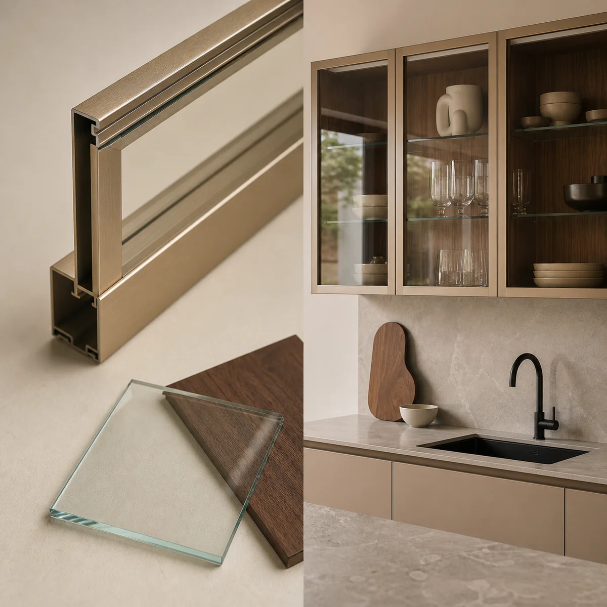 Champagne-toned aluminium profile with clear glass and a light kitchen wall cabinet application