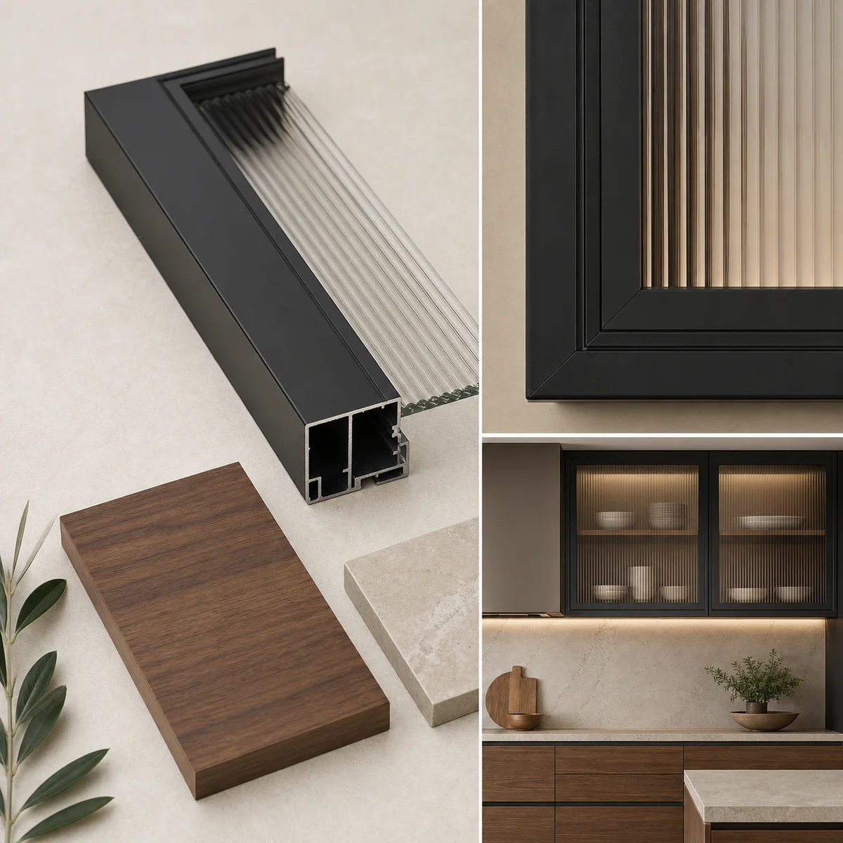 Matte black aluminium profile and fluted glass sample with a matching kitchen wall cabinet application