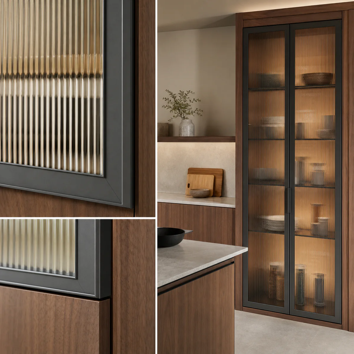 Warm walnut cabinetry with reeded glass and slim aluminium profile shutters in a kitchen pantry application