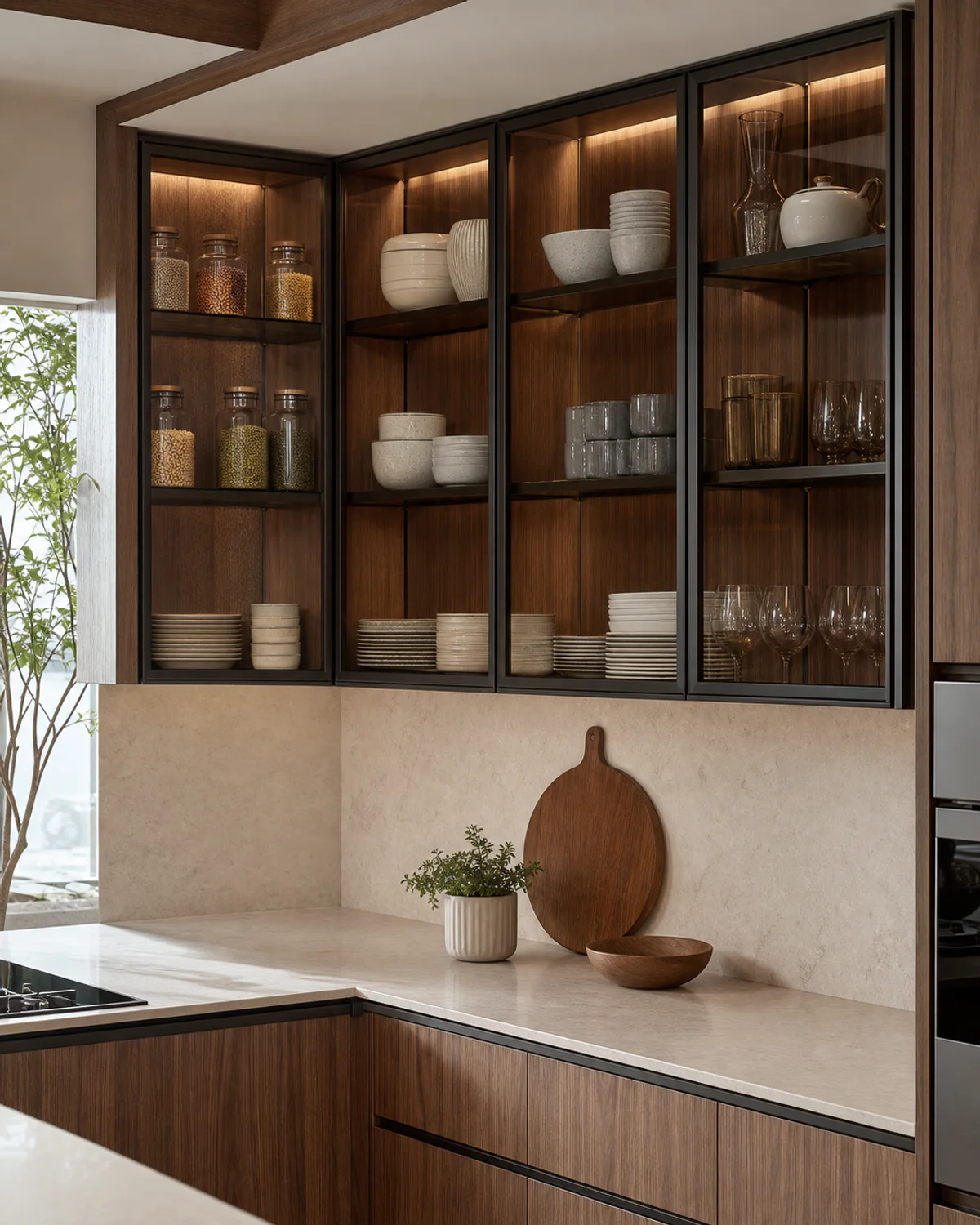 Kitchen wall cabinets with clear glass in slim dark aluminium frames and visible crockery and pantry contents