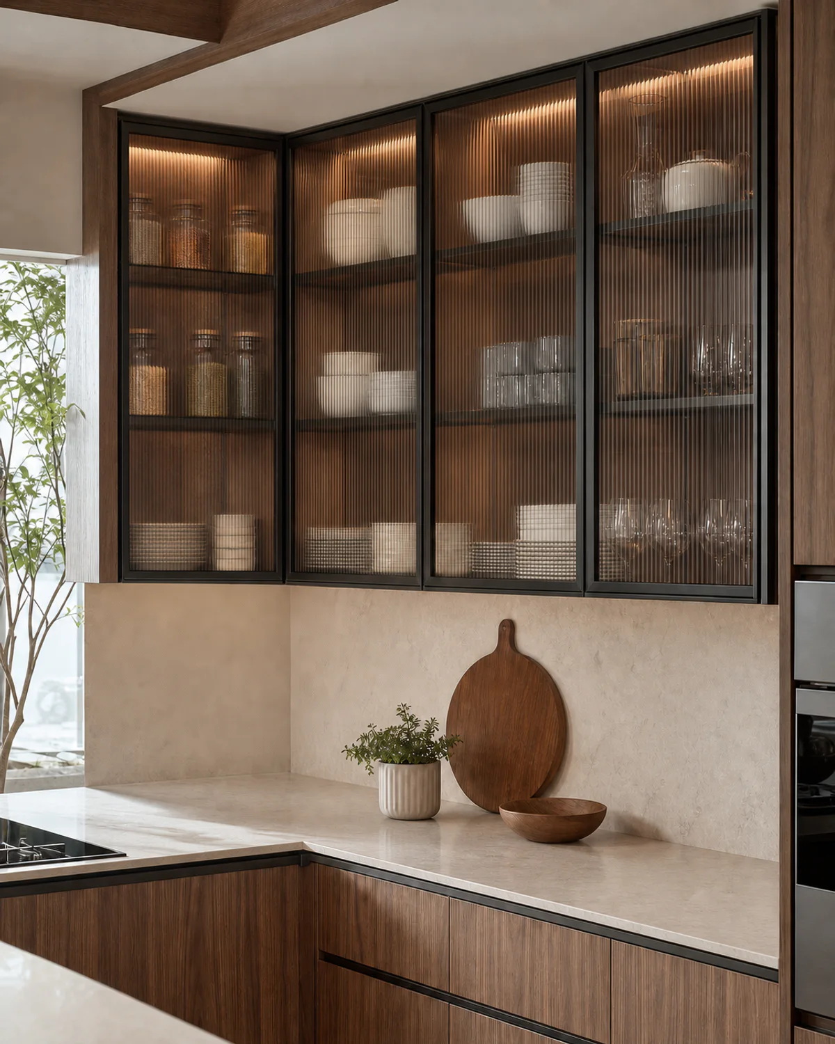Fluted glass kitchen cabinet detail showing softly visible crockery behind the glass