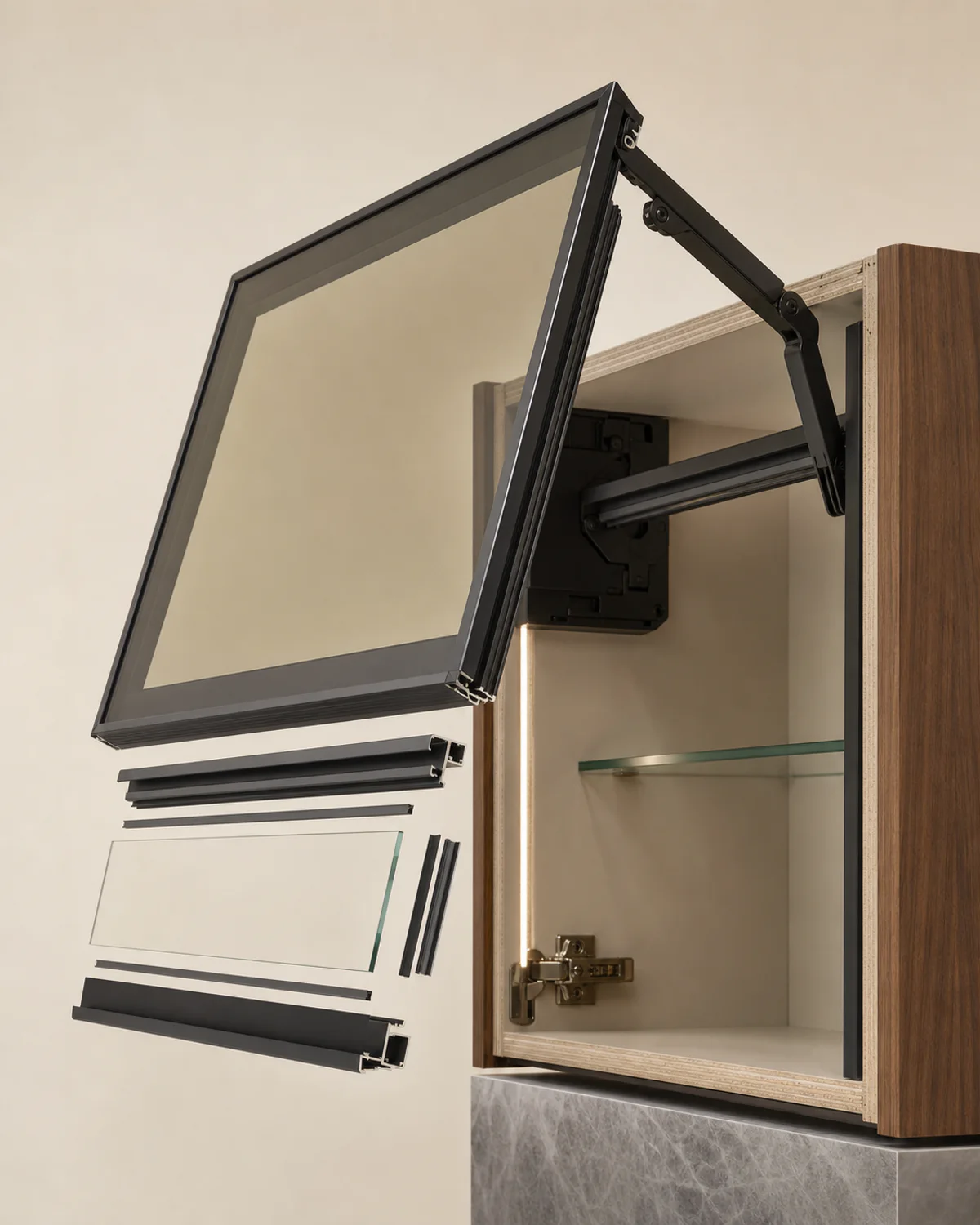 Technical cutaway of an aluminium profile kitchen shutter showing the frame, glass panel, gasket, hinge, lift-up mechanism, profile grip and cabinet connection