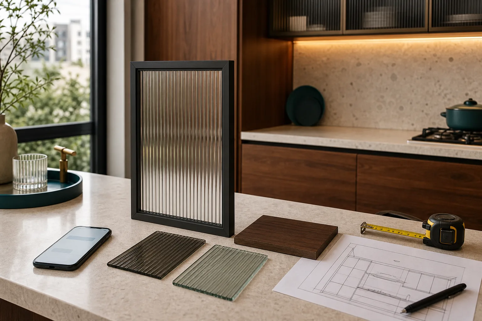 Kitchen consultation counter with aluminium profile shutter sample, fluted glass swatches, walnut material sample, measuring tape and cabinet sketch