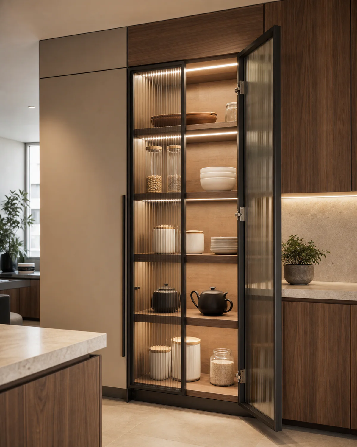 Installed kitchen pantry cabinet with a slim aluminium profile shutter, fluted glass, hinge detail and warm integrated lighting