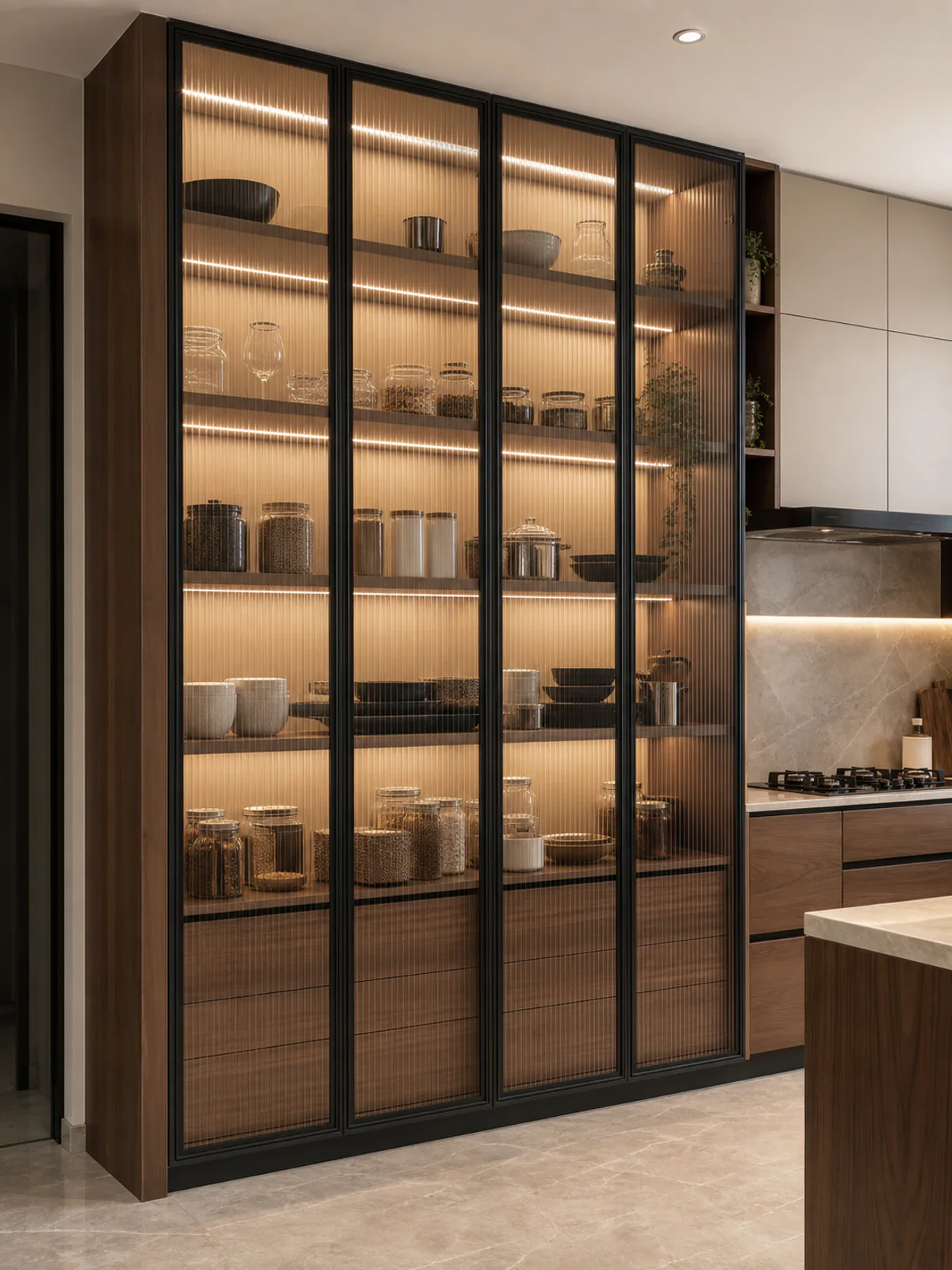 Floor-to-ceiling kitchen pantry and display unit with dark aluminium profile frames, fluted glass shutters, warm internal lighting and adjoining modular kitchen cabinetry